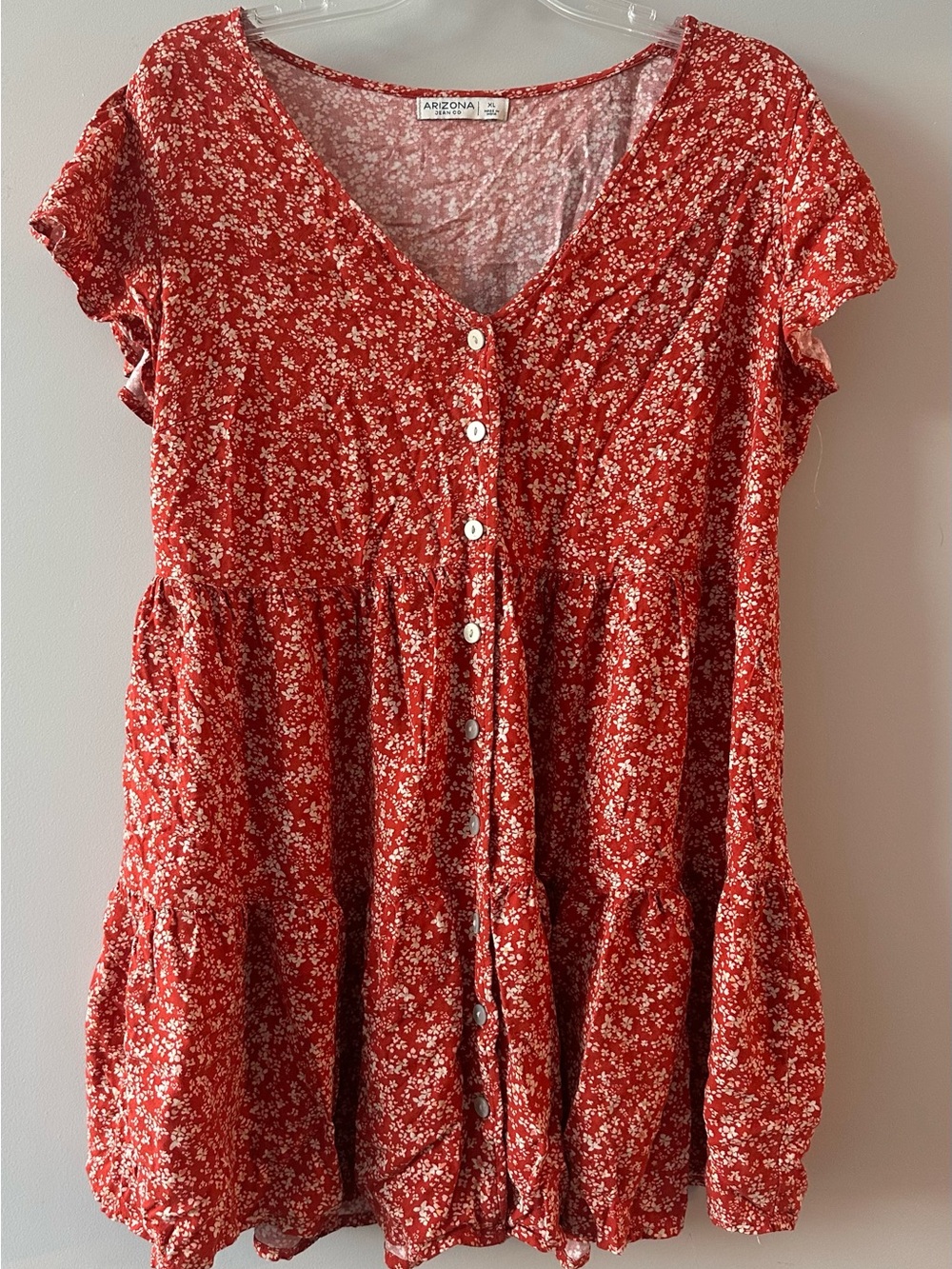 Arizona Jean Company Red Floral Button-Front Tiered Dress